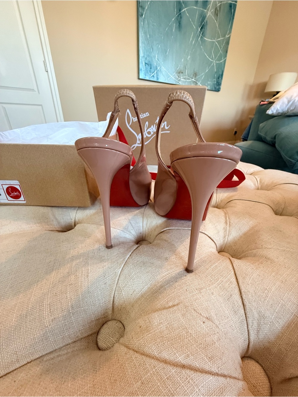 Christian Louboutin Nude Patent Peep-Toe Slingback Heels - Picture 5 of 9